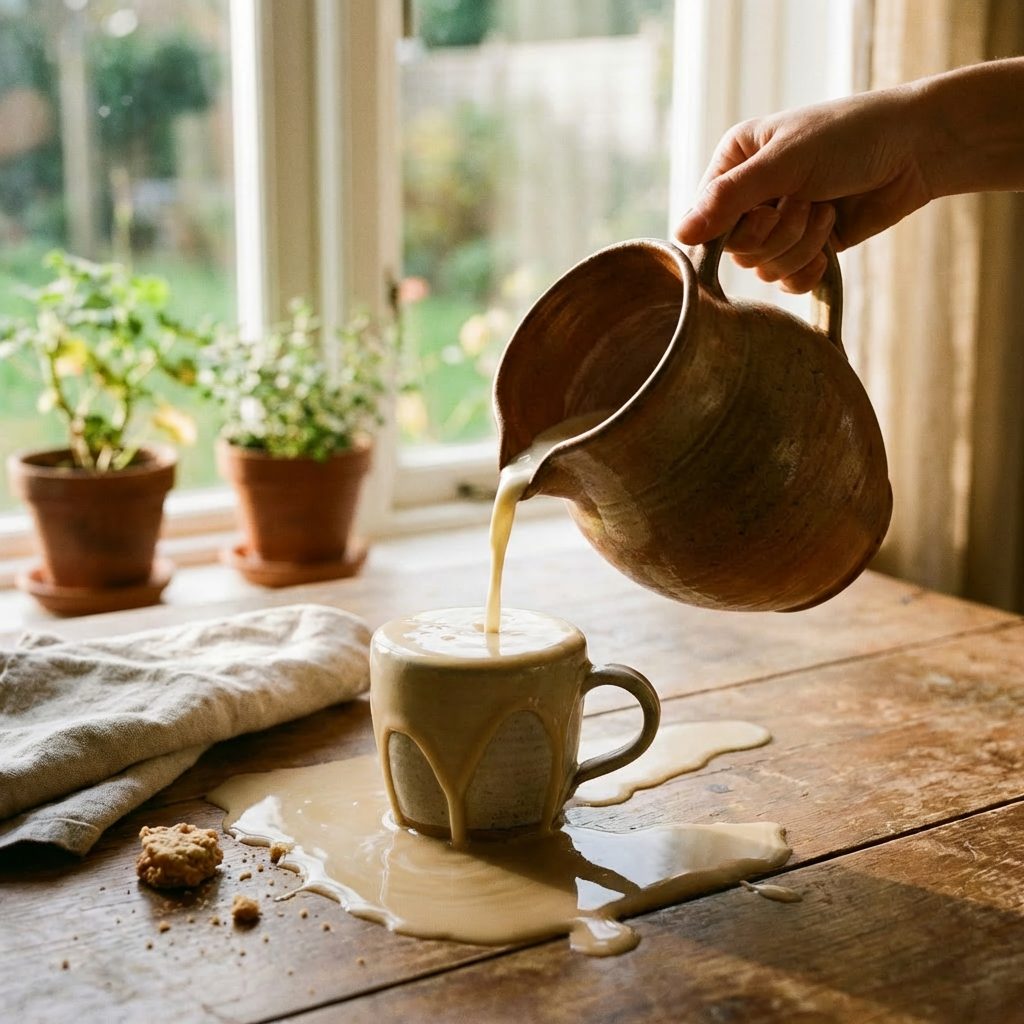 Hand pouring milk from a ceramic pitcher into a mug on a wooden table.